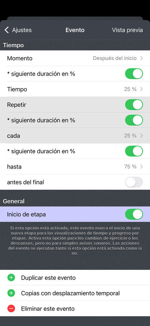 ¿Cómo aviso cuando queda el 75 %, 50 % y 25 % del tiempo?